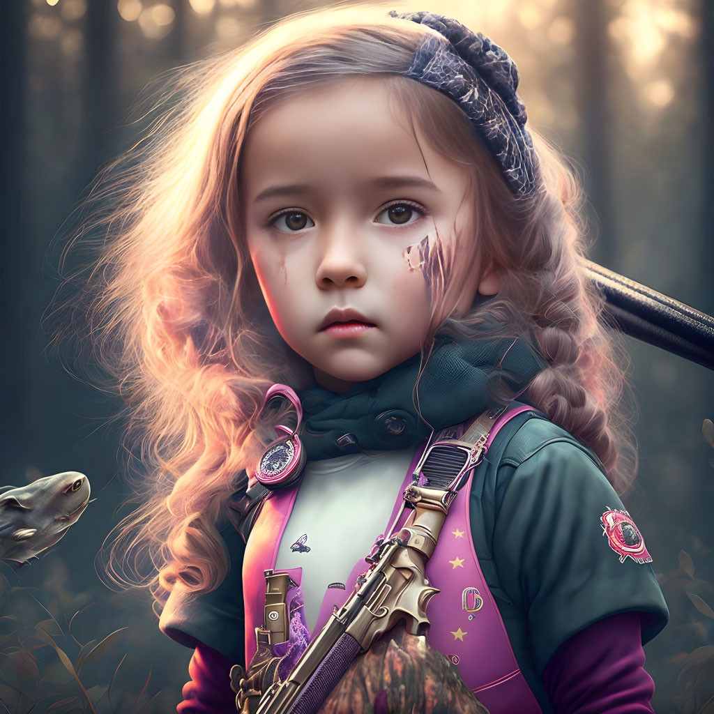 Young girl with scar in military-style jacket in mystical forest with fantasy creature
