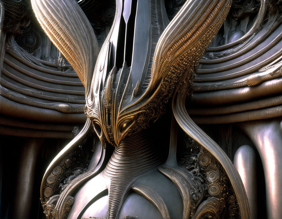Abstract Metallic Fractal Patterns with Futuristic Alien Artifact