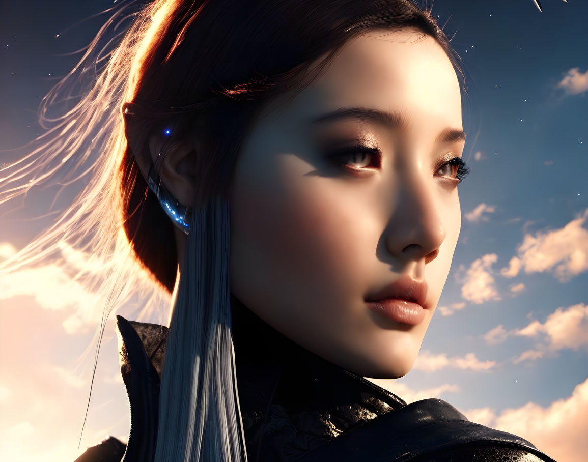 Futuristic digital artwork of woman with earpieces against dramatic sky