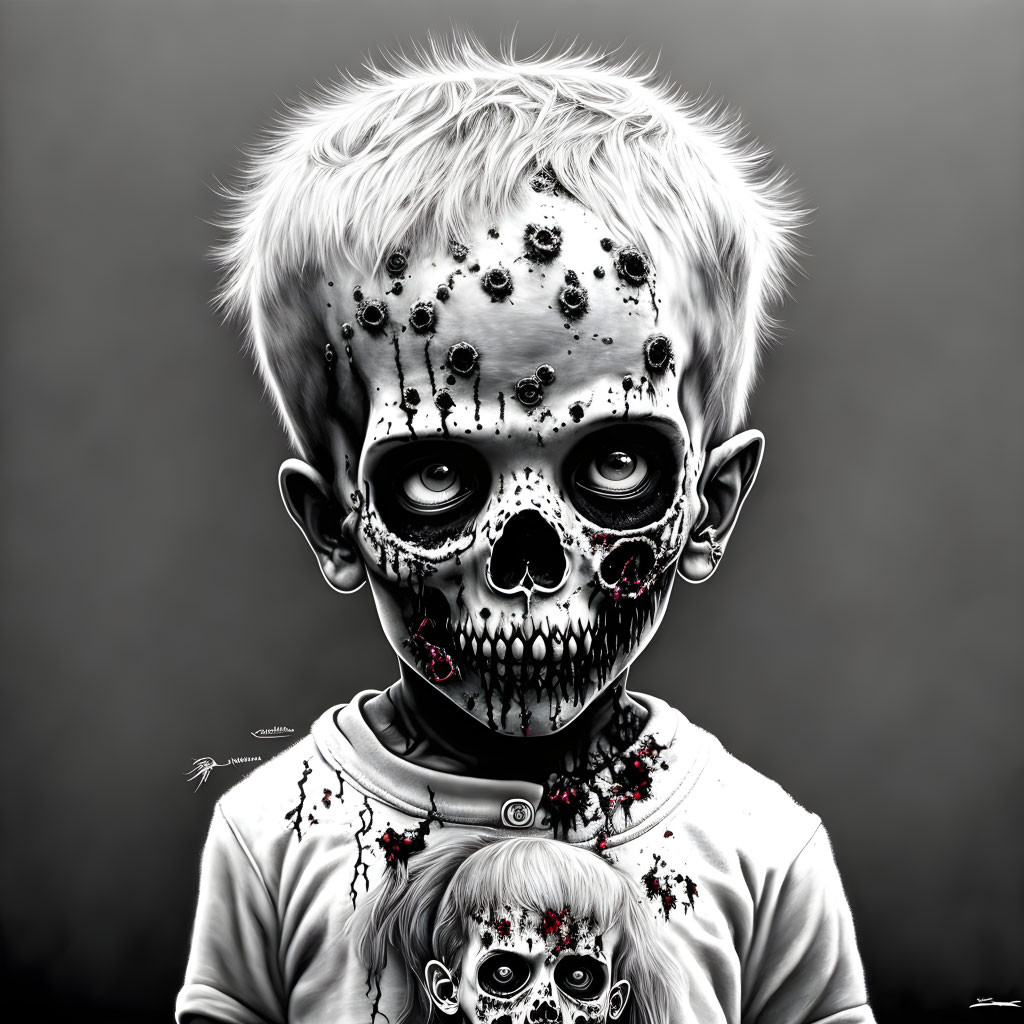 Monochrome art: Child with half-skull face in dark setting
