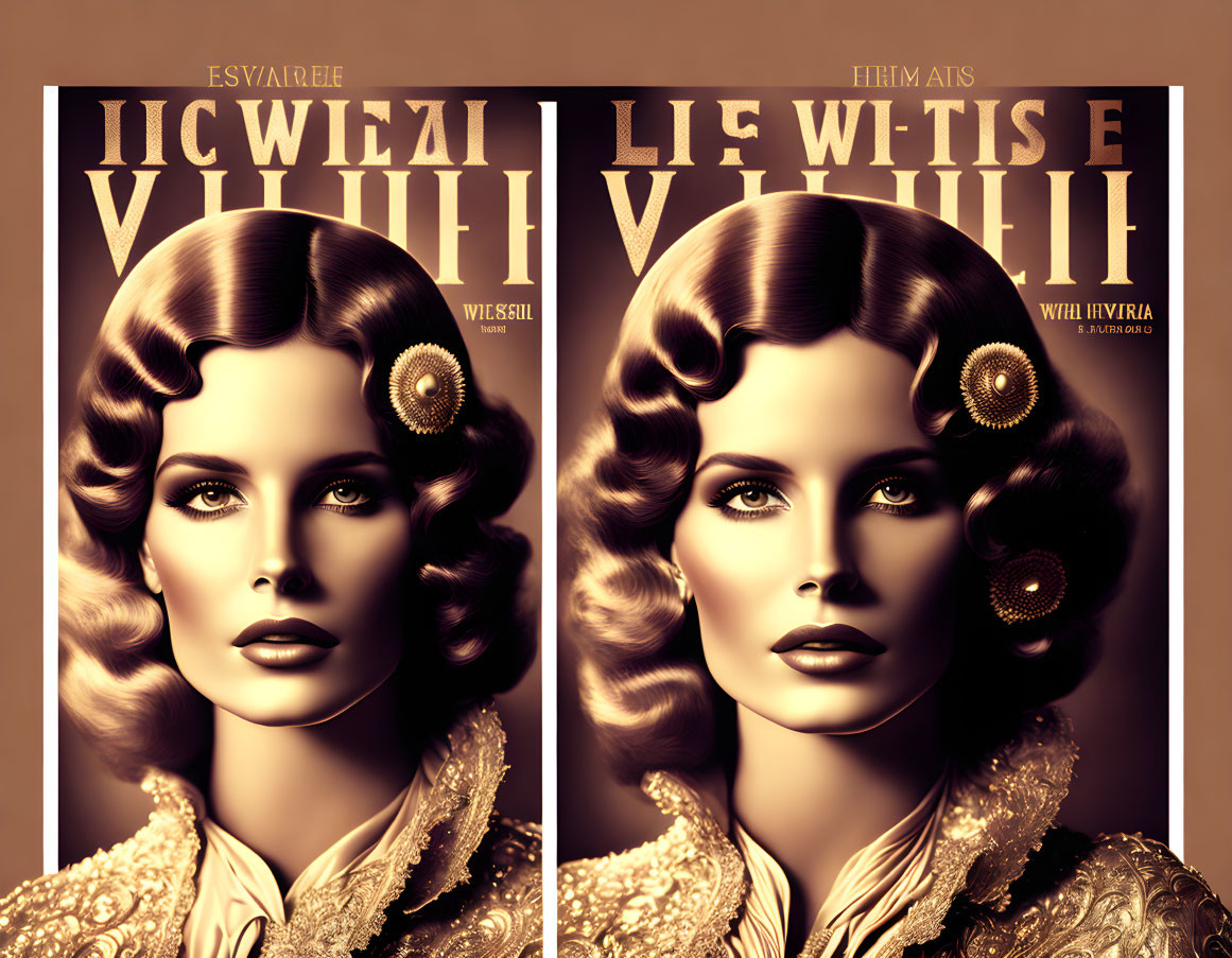 Split-image of woman with 1930s hair & makeup: sepia-toned left, gold