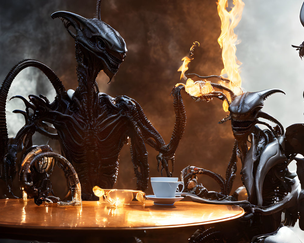 Detailed Alien Creatures Seated at Wooden Table with Cup