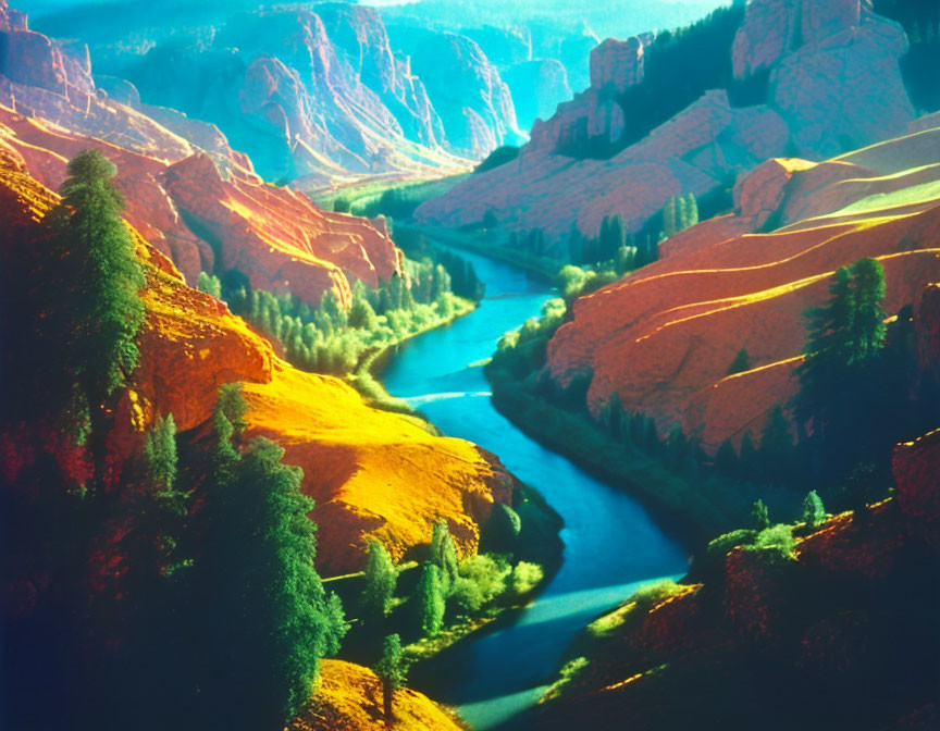 Colorful landscape with blue river and red hills under clear sky