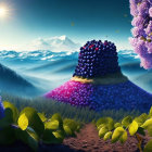 Vibrant landscape with sunburst, mist, and purple trees