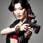 CGI-rendered female character with black hair, pale skin, futuristic gun, red/black top