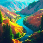 Colorful landscape with blue river and red hills under clear sky