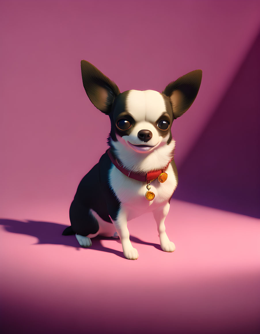 Chihuahua 3D illustration with big eyes and collar on pink background