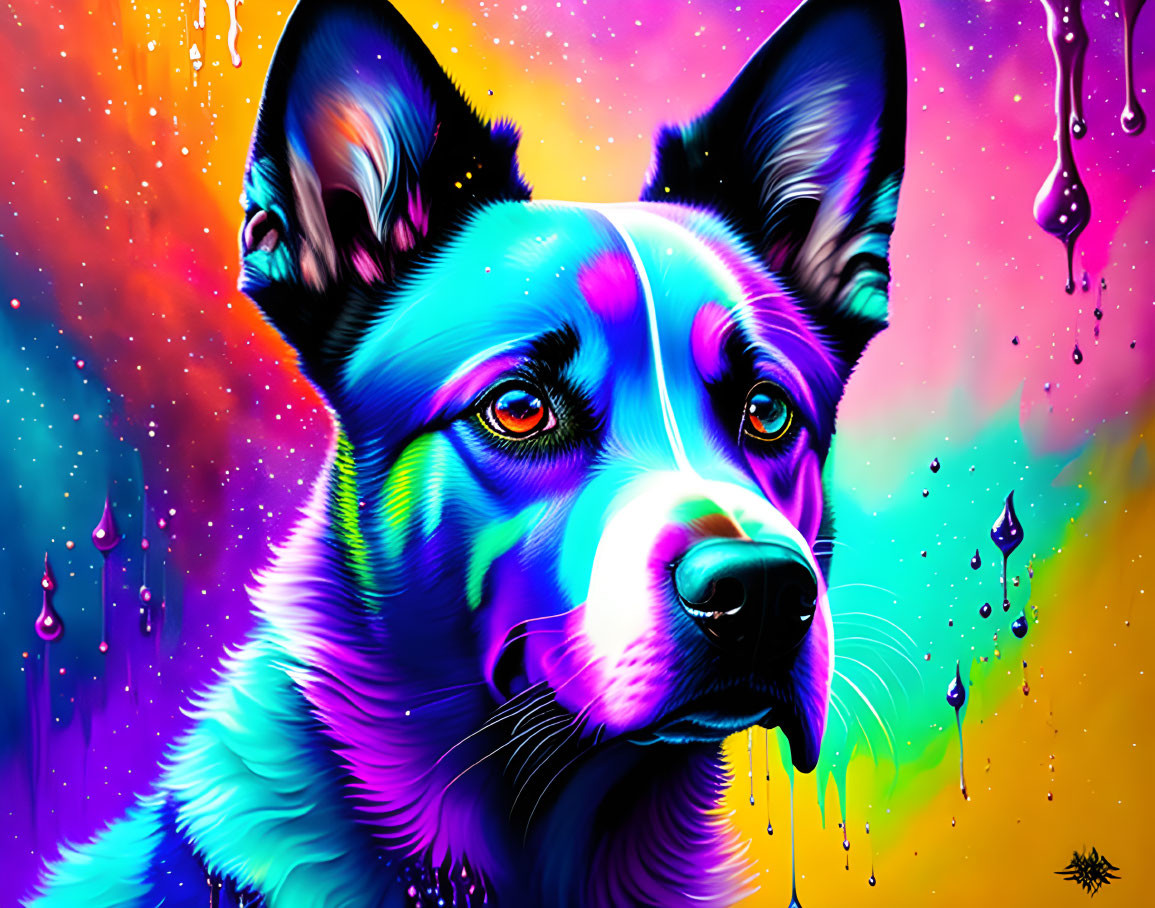 Colorful neon dog art against cosmic background with paint drips