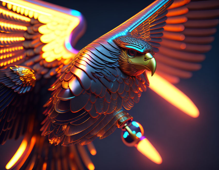 Metallic Eagle Digital Artwork with Glowing Edges and Neon Lights
