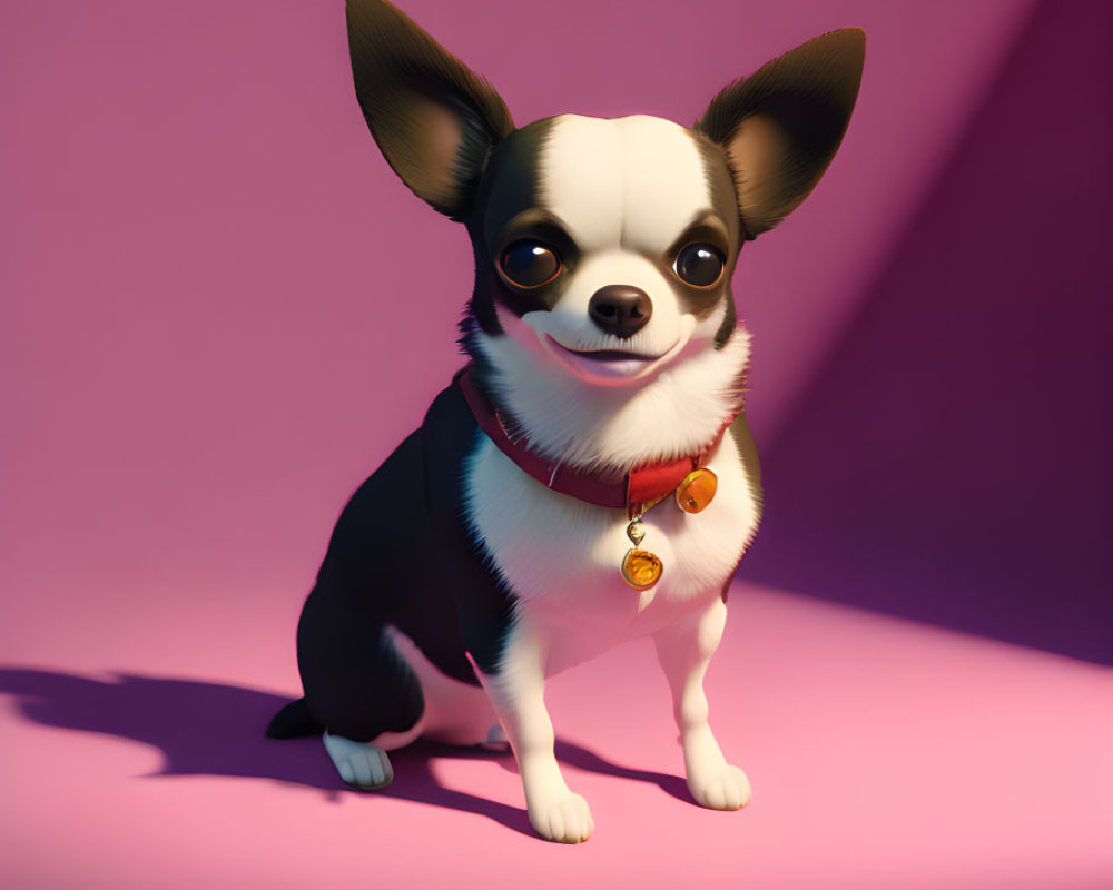 Chihuahua 3D illustration with big eyes and collar on pink background