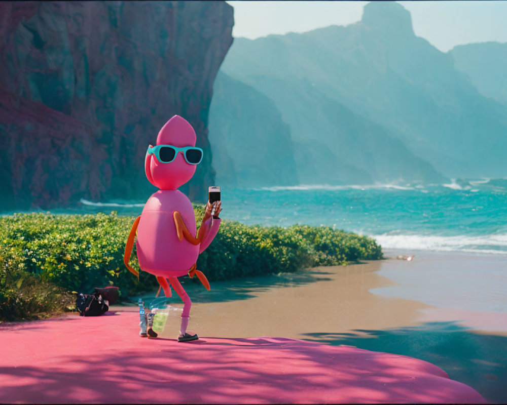 Pink cartoon character with sunglasses on beach holding smartphone and camera.