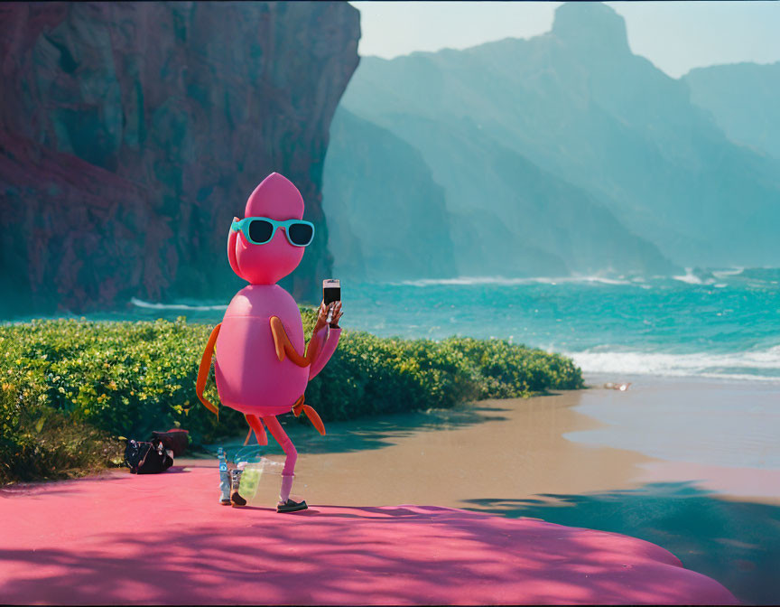 Pink cartoon character with sunglasses on beach holding smartphone and camera.