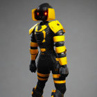 Futuristic black and yellow armored suit with helmet and visor against grey background