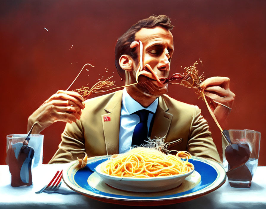 Man in suit eating spaghetti with sauce splattering and drink nearby