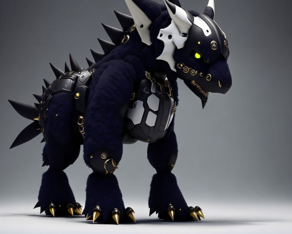 Robotic-animal hybrid creature with black fur, spikes, armor plating, and glowing green eyes