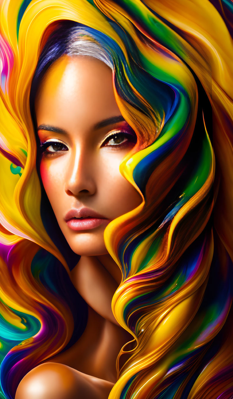 Colorful digital portrait of woman with vibrant multicolored hair and bold makeup