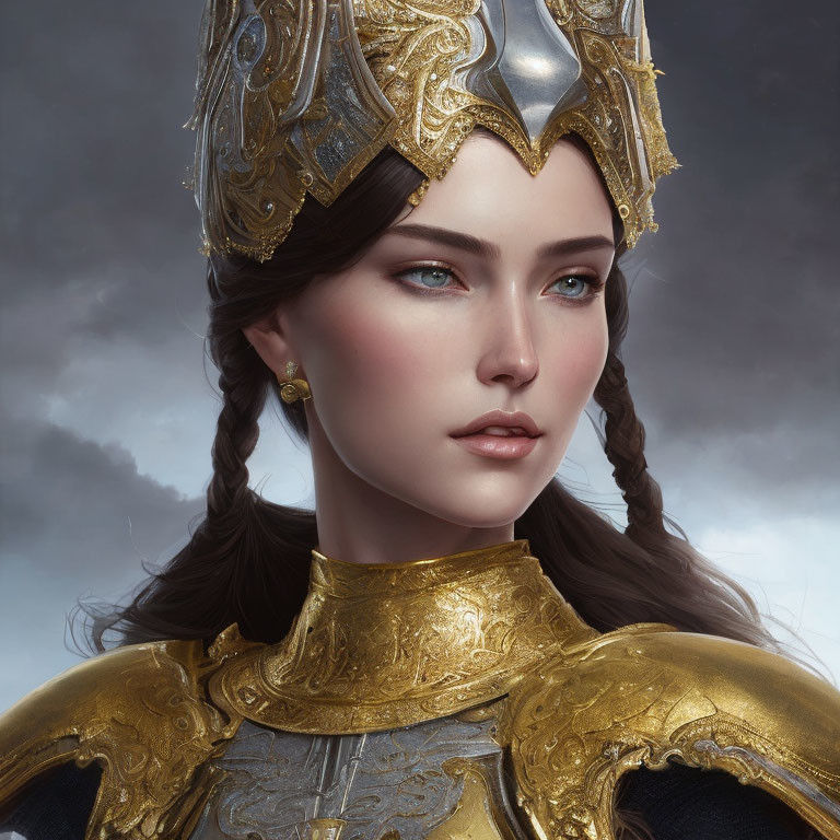 Woman in ornate golden armor with detailed helmet against stormy sky.