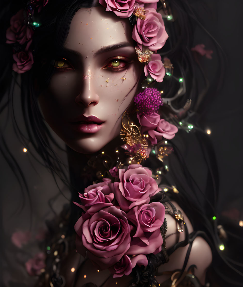 Pale-skinned woman with dark floral accents and golden eye decor in digital portrait.