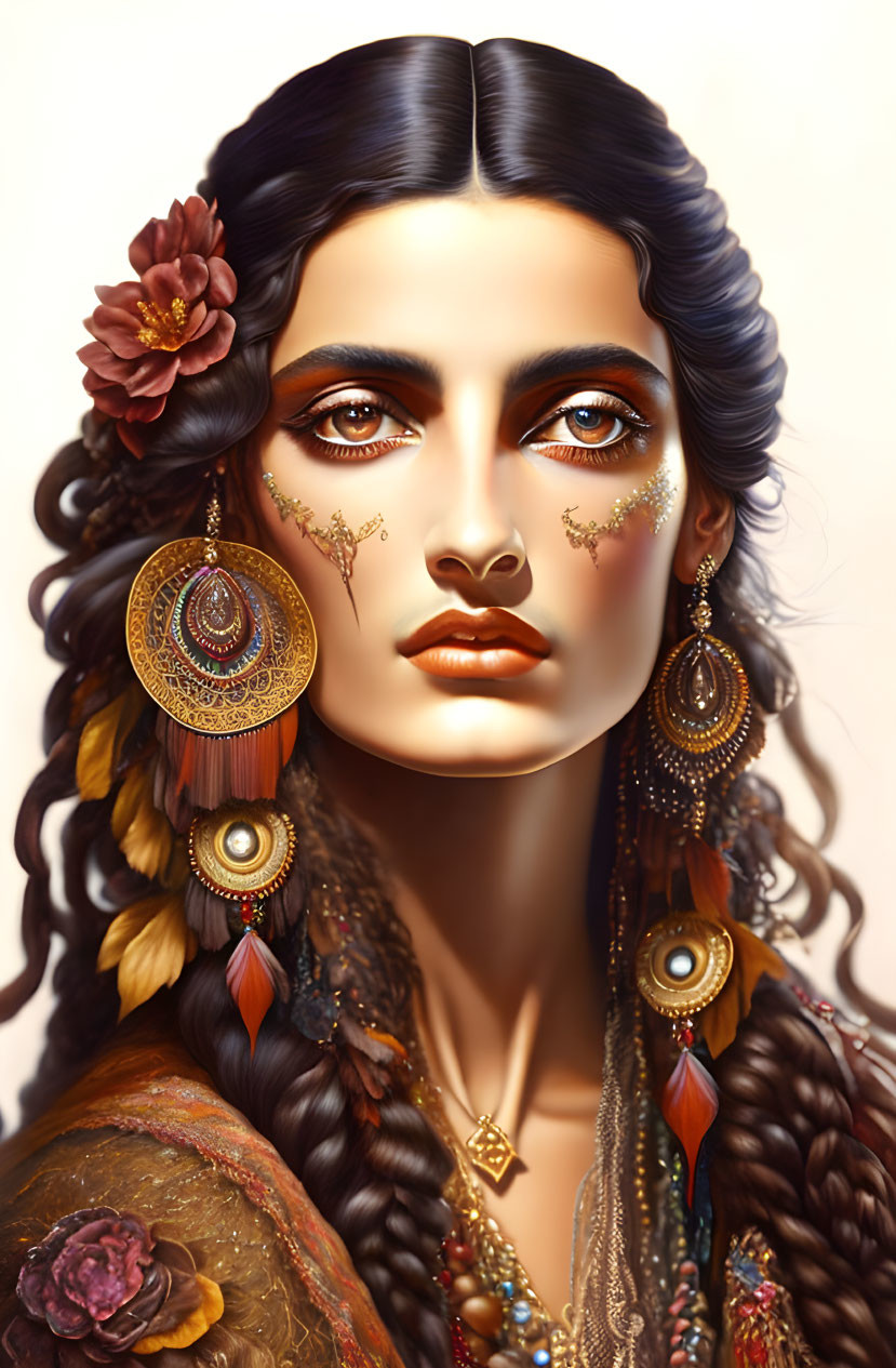 Portrait of woman with ornate earrings, braided hair, and gold makeup