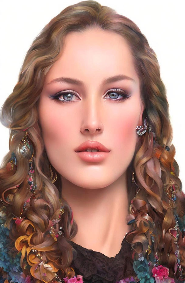 Detailed portrait of woman with intricate curls, sparkling earrings, glossy lips, vibrant makeup