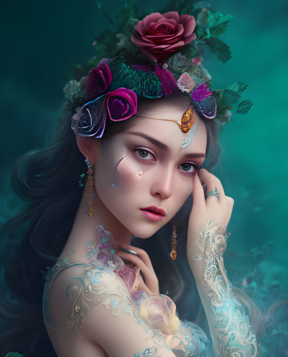 Mystical woman with floral headpiece and tattoos on teal background