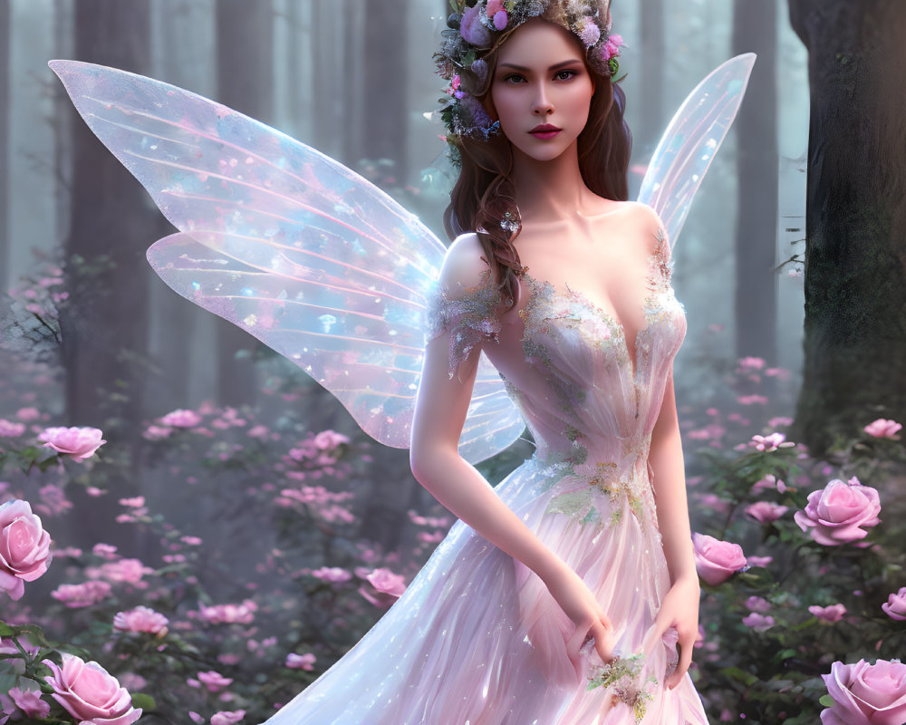 Digital Artwork: Fairy with Iridescent Wings in Mystical Forest