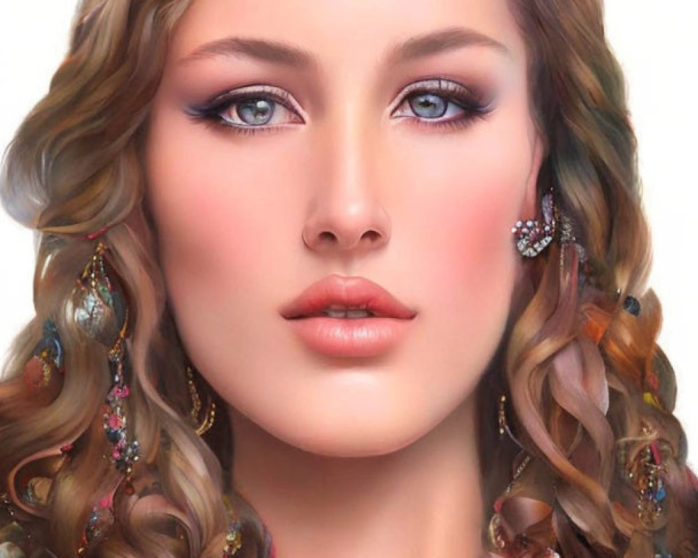Detailed portrait of woman with intricate curls, sparkling earrings, glossy lips, vibrant makeup