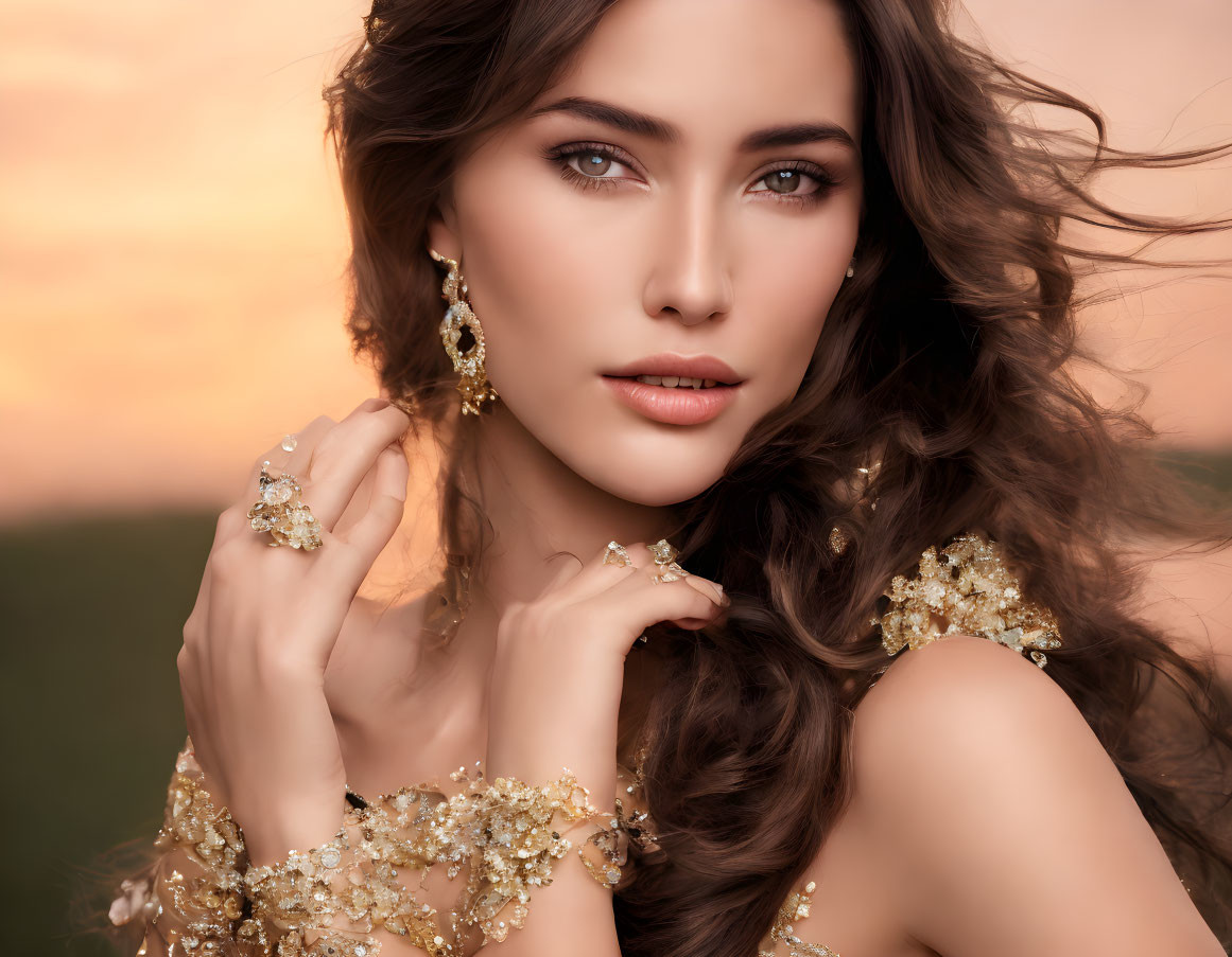Wavy-haired woman in golden jewelry poses against sunset backdrop