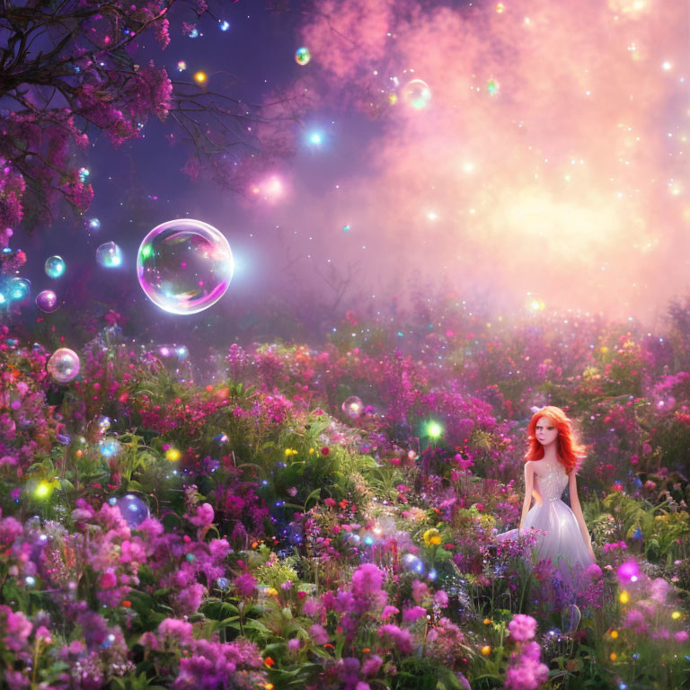 Redhead woman in white dress surrounded by vibrant flowers and iridescent bubbles in a nebula sky