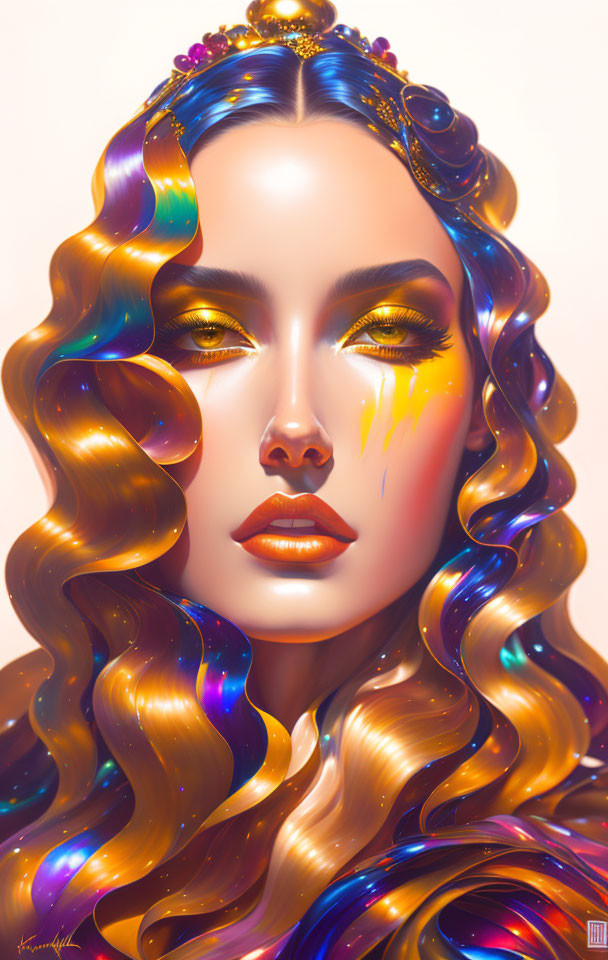 Vibrant digital artwork featuring woman with voluminous curls