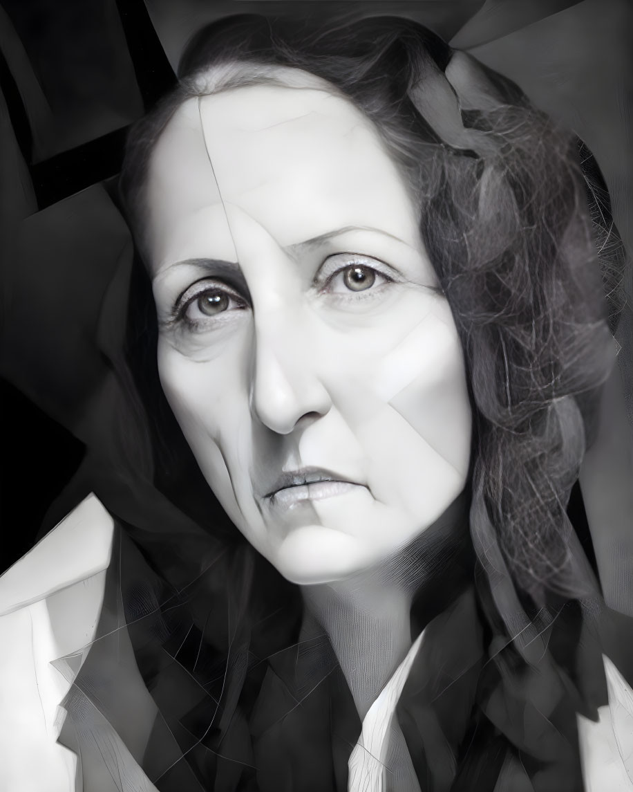 Monochrome portrait of a woman with striking eyes and fractured face, creating surreal intensity