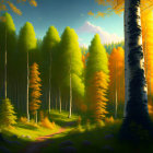 Lush Birch and Pine Forest in Golden Autumn Light