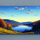 Colorful Autumn Trees Surround Tranquil Lake in Vibrant Painting