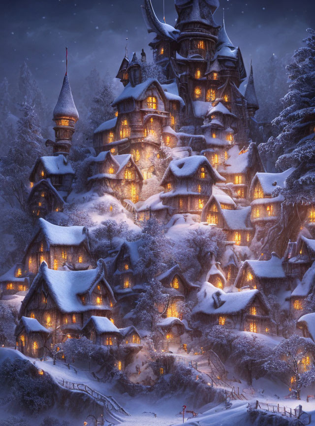 Snow-covered twilight village with whimsical architecture and magical ambiance