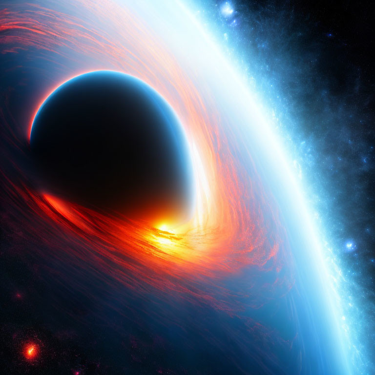 Dark planet with fiery horizon in space illustration.