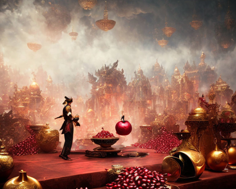 Elaborately dressed person surrounded by gold objects and pomegranates in misty setting