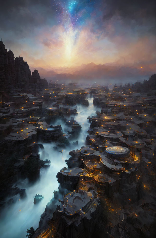 Ethereal landscape with river, terraced cliffs, and starry night sky