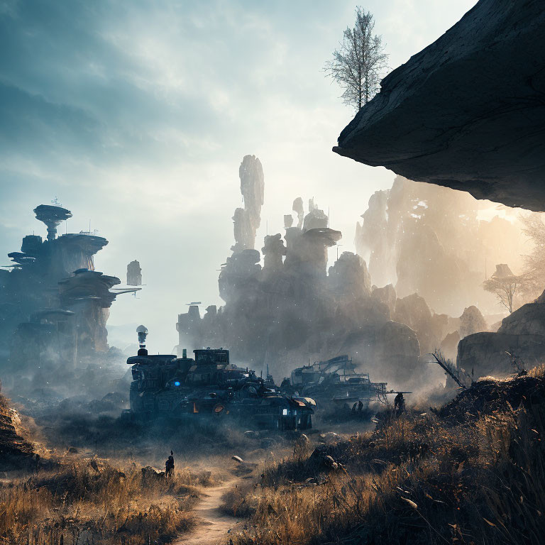 Post-apocalyptic landscape with rugged terrain, rock formations, tank, and people in eerie light