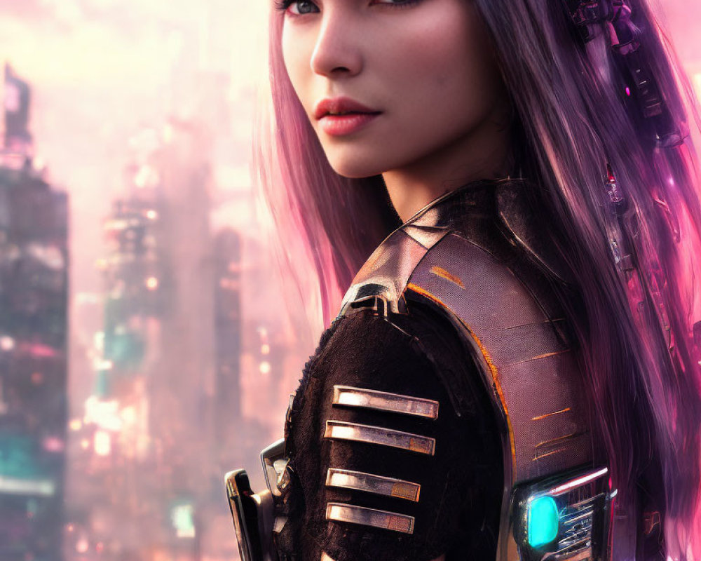 Purple-haired woman in futuristic gear overlooking neon-lit cityscape with visible arm tattoo
