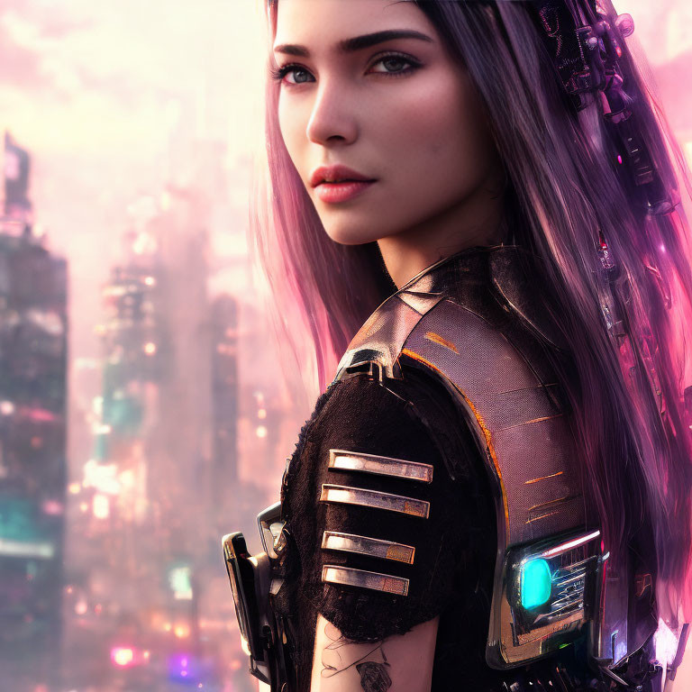 Purple-haired woman in futuristic gear overlooking neon-lit cityscape with visible arm tattoo