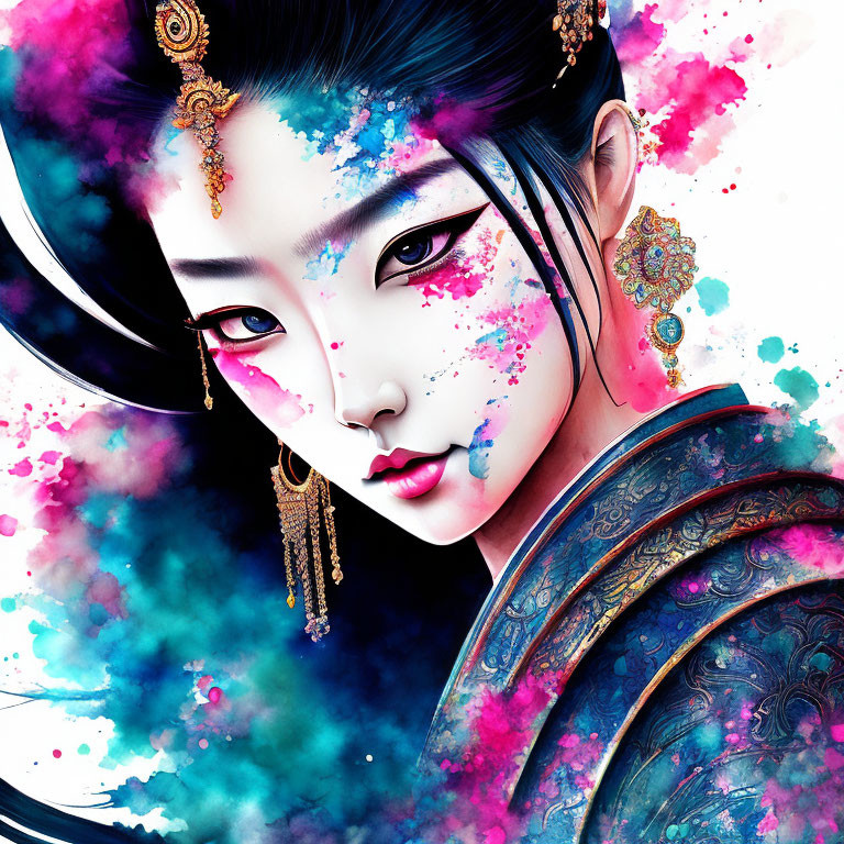 Digital Artwork: Woman with Asian Features and Jewelry on Ink Background