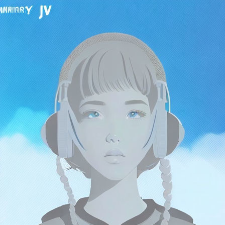 Person with Blue Eyes and Braided Hair Wearing Headphones in Blue Background with Cloud Patterns