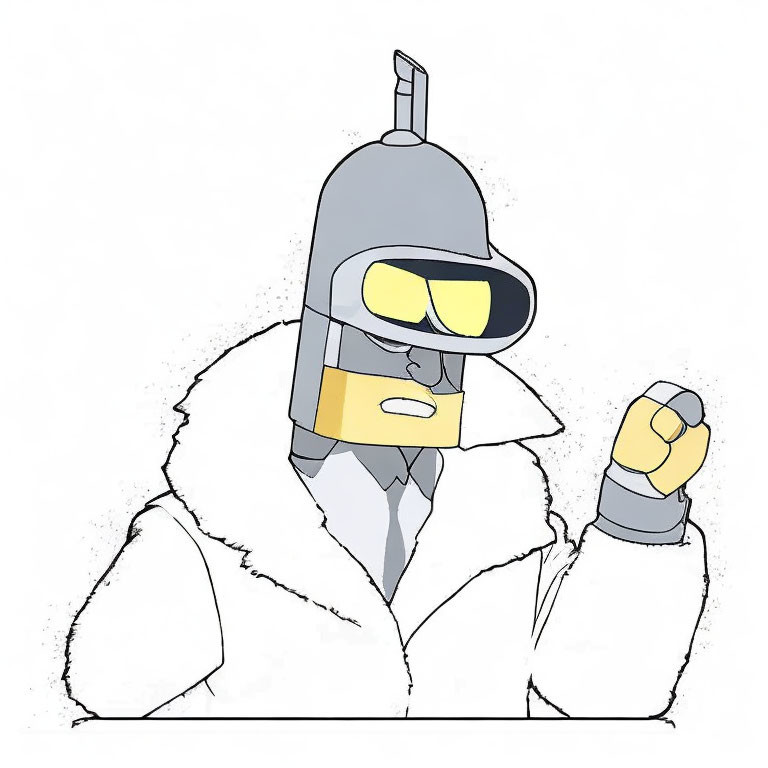 Robot in fur-trimmed coat with yellow glasses and antenna in hero pose
