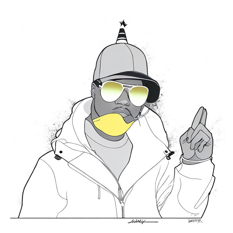Stylized illustration of person with sunglasses, beanie, and face mask