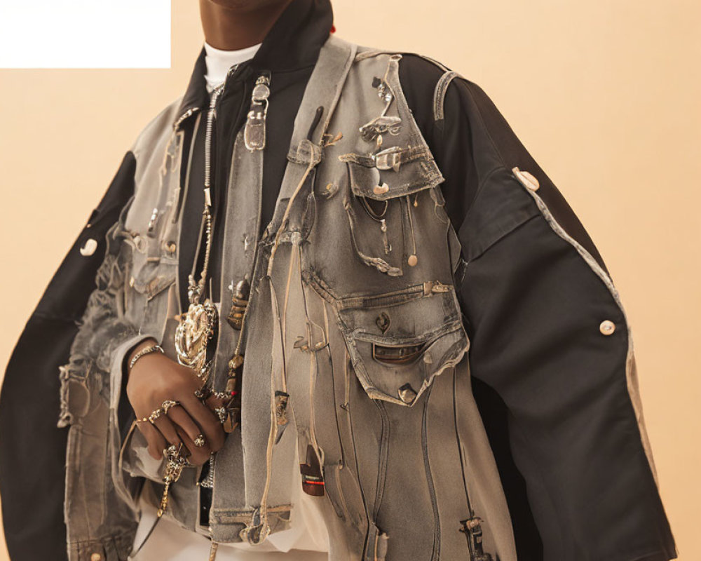 Stylish Denim Jacket with Metallic Embellishments and Layered Chains