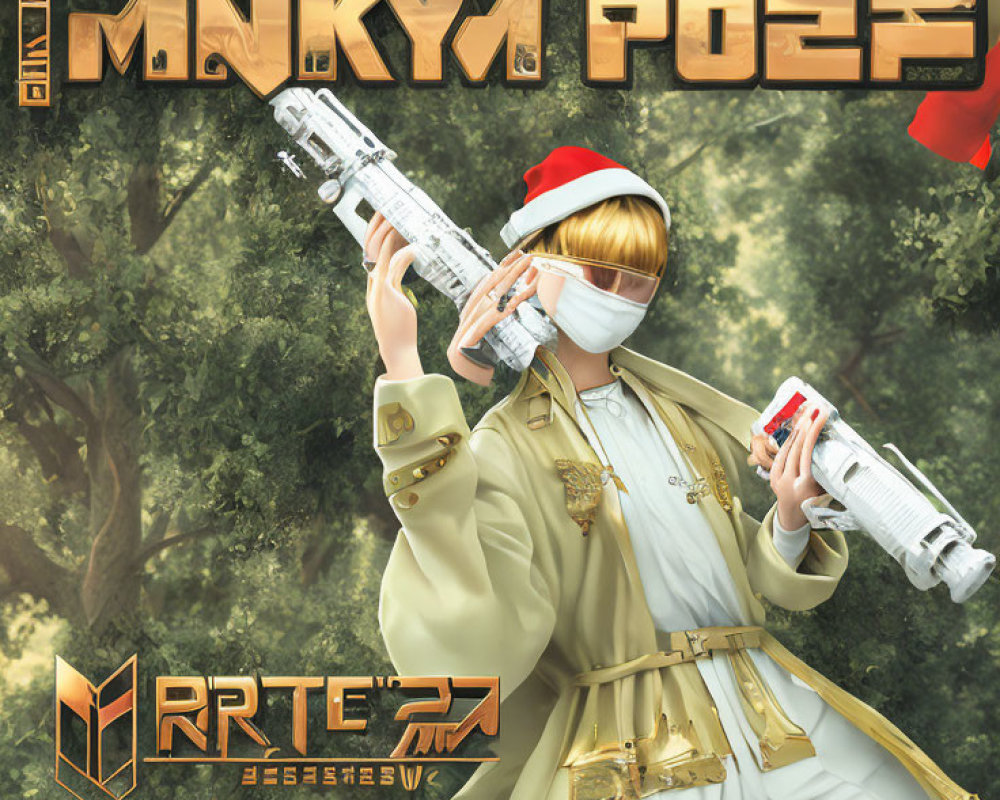 Person in Santa Hat with Toy Gun Surrounded by Foliage and Logos