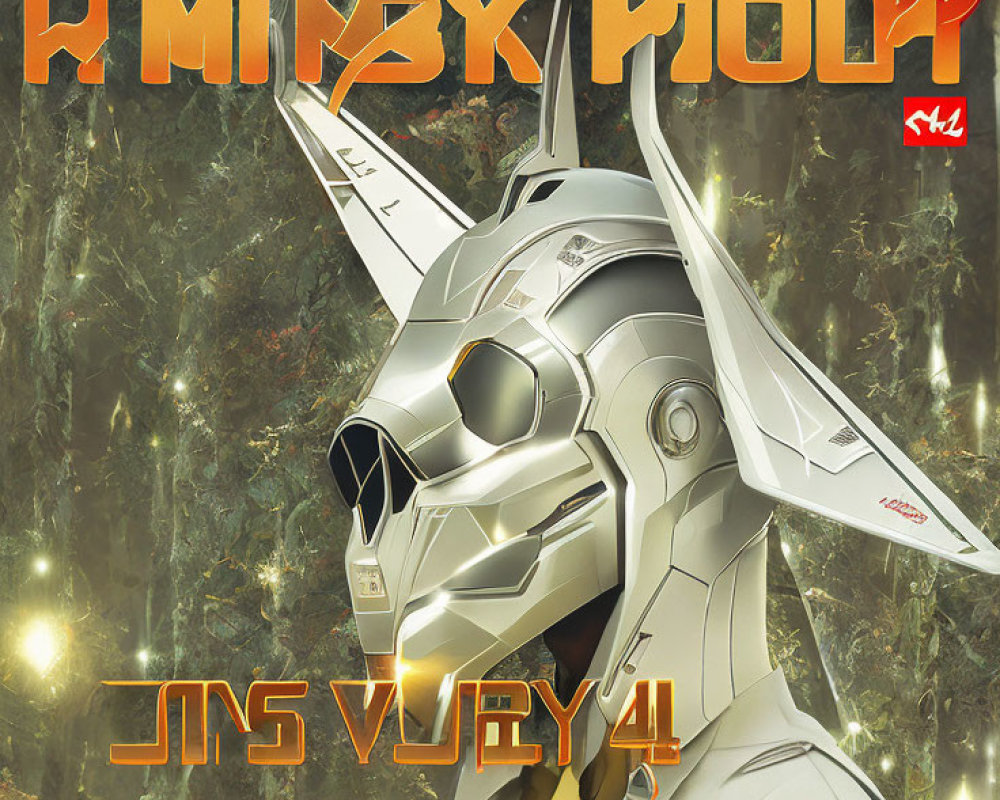 Stylized poster of humanoid figure with metallic helmet in forest setting and Cyrillic text.