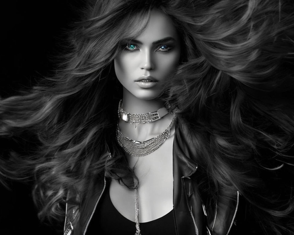 Monochrome image of woman with striking blue eyes and leather jacket