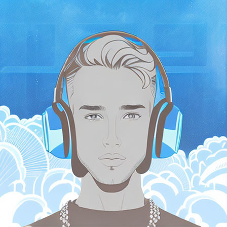Young man with headphones and blue clouds background illustration