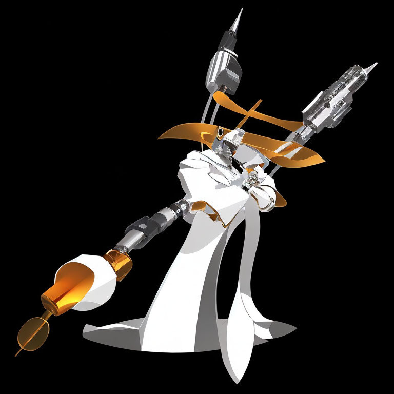 White humanoid robot with spear on black background with orange and yellow accents